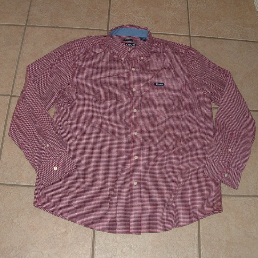 Dark Red Checked Mens Sz Large Button Up Long Sleeve Easy Care Shirt CHAPS
